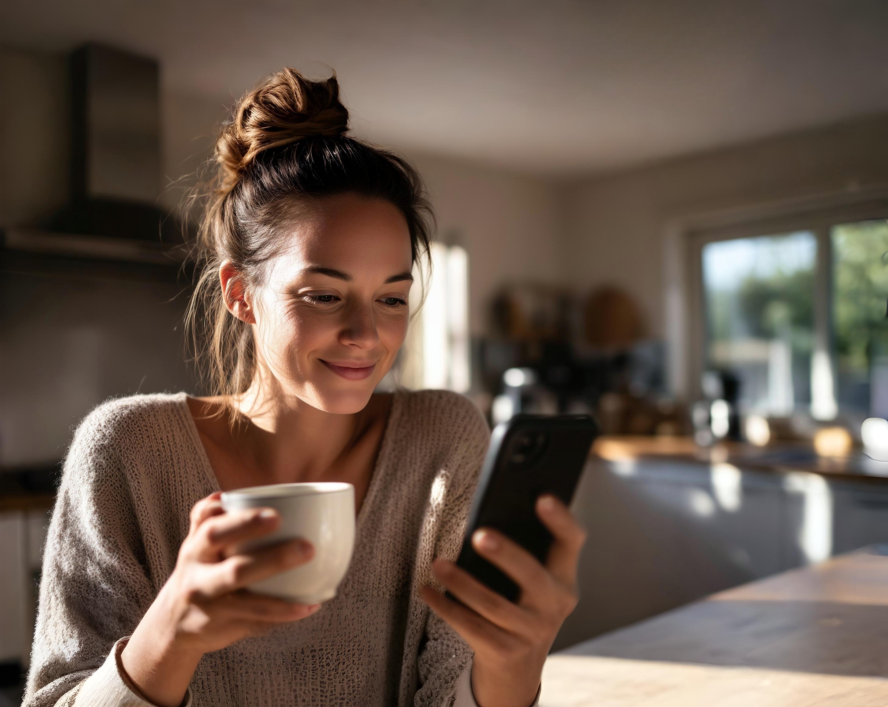 Woman using her phone while enjoying a coffee